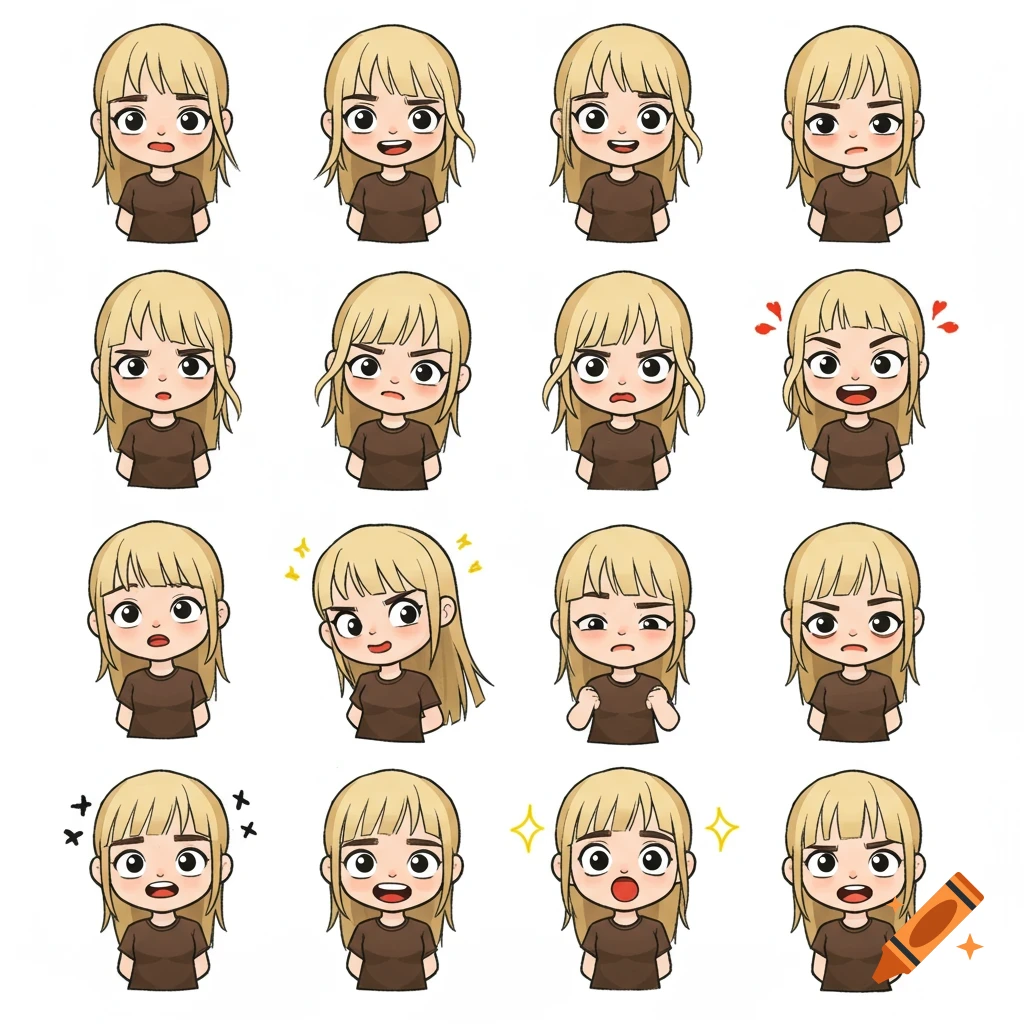 A grid of sixteen chibi-style cartoon girls with blonde hair, dark eyeliner, and brown shirts, each displaying a different emotion on a white background.