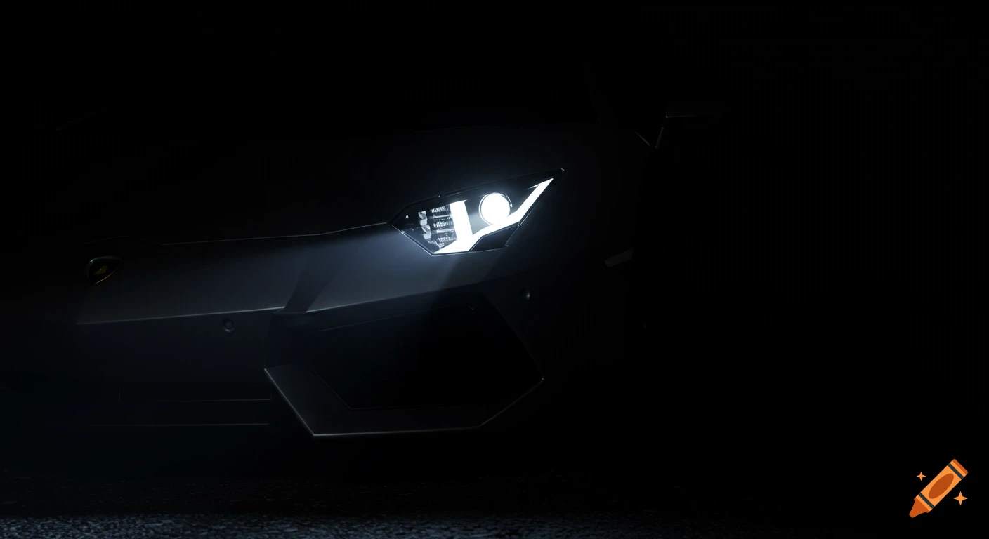 Close-up of a Lamborghini Aventador's illuminated headlight in the dark, photorealistic.