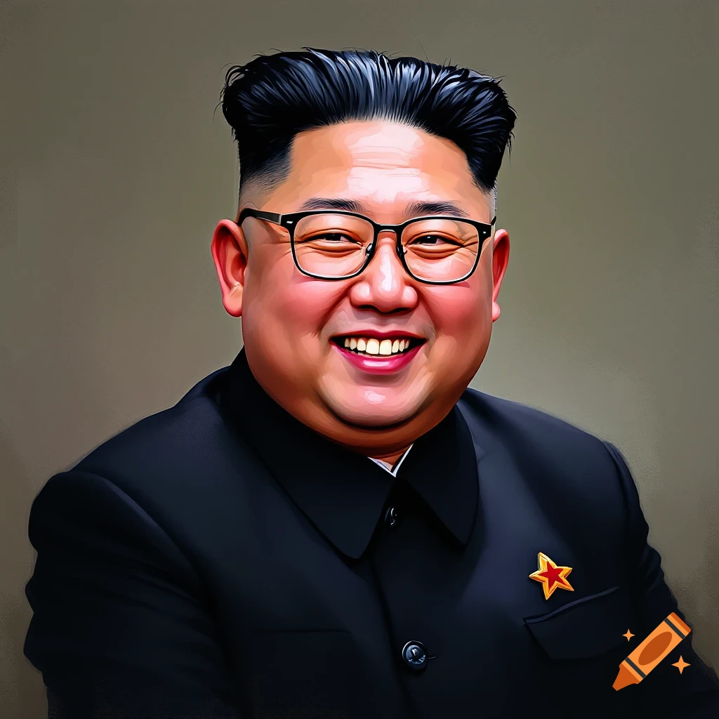 Stylized portrait of Kim Jong Un smiling and wearing glasses against a plain background.