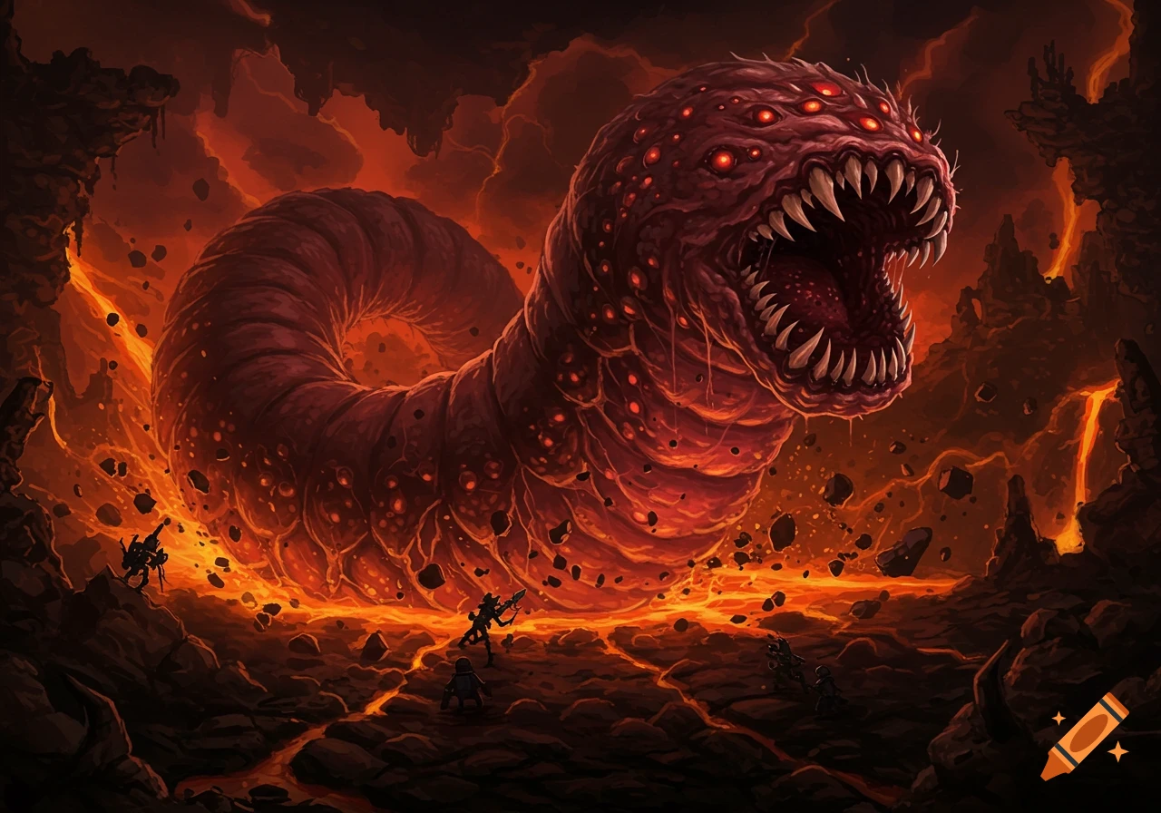 A massive, red, worm-like monster with many eyes and sharp teeth looms over small figures in a fiery, volcanic landscape.