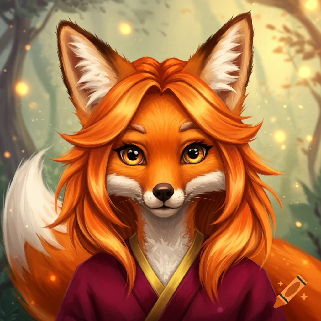 An anthropomorphic fox girl with orange fur and long hair, wearing a red robe, in a mystical forest with glowing lights.
