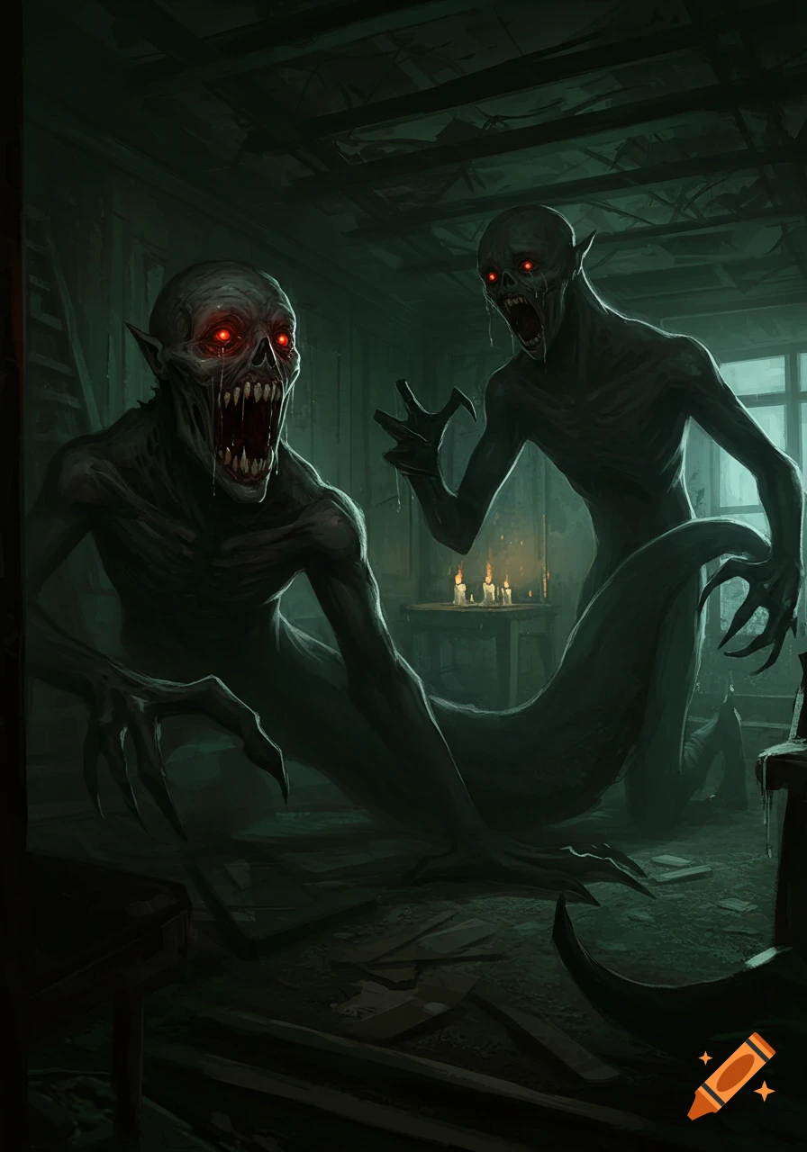Two grotesque, dark grey monsters with glowing red eyes and sharp teeth in a dimly lit, dilapidated room.