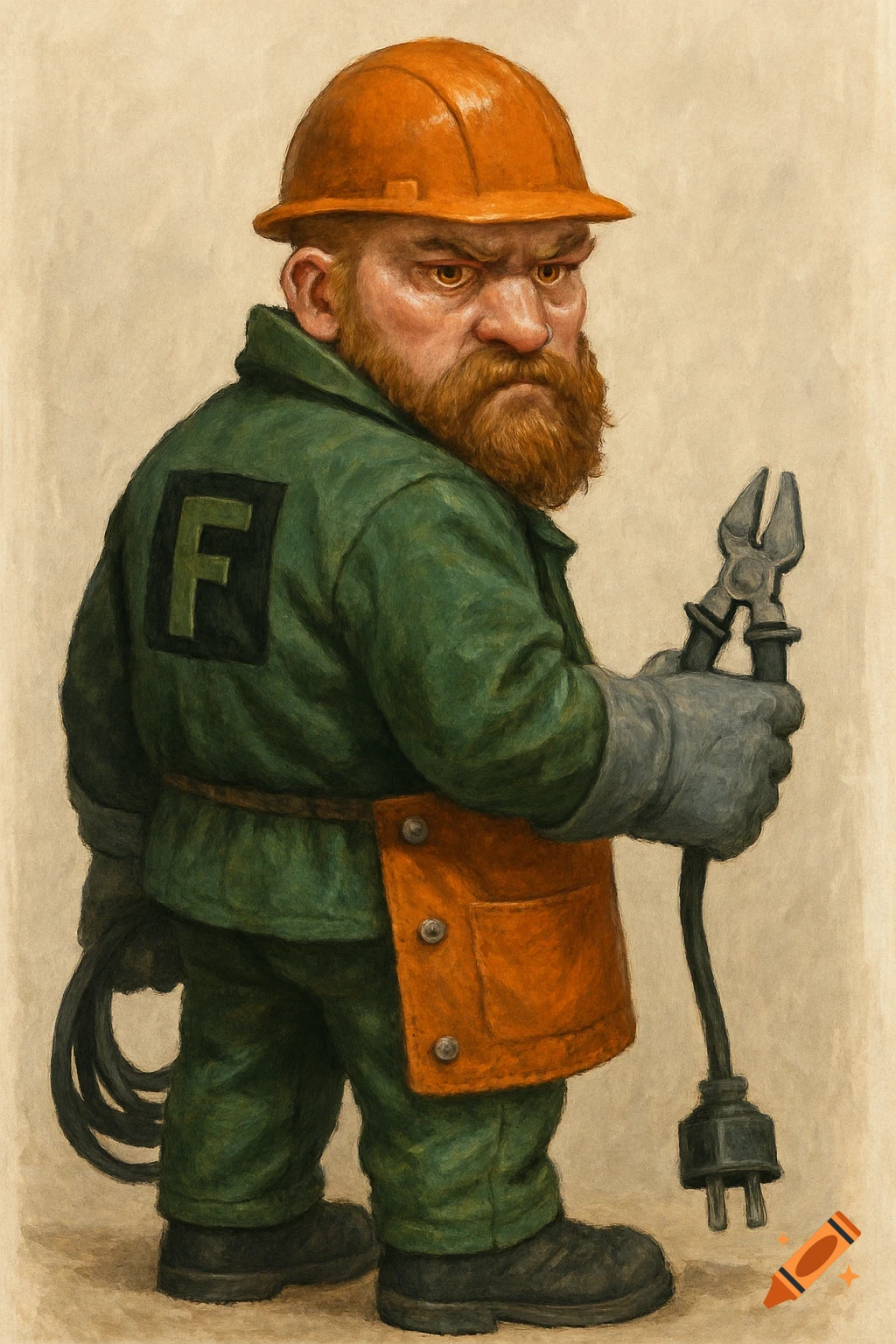 A grumpy, red-bearded electrician dwarf in a green jacket with an 'F' symbol, an orange apron, and a hard hat holds pliers and a cable.