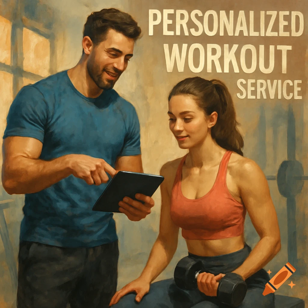 A man in a blue shirt points at a tablet held by a woman in a red sports bra holding a dumbbell, in a painterly style. Text on wall reads "PERSONALIZED WORKOUT SERVICE".