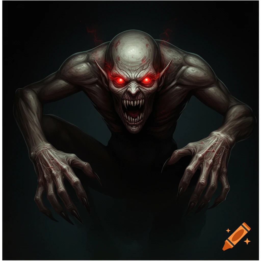 A hideous monster with glowing red eyes and sharp claws, crouching in the dark.