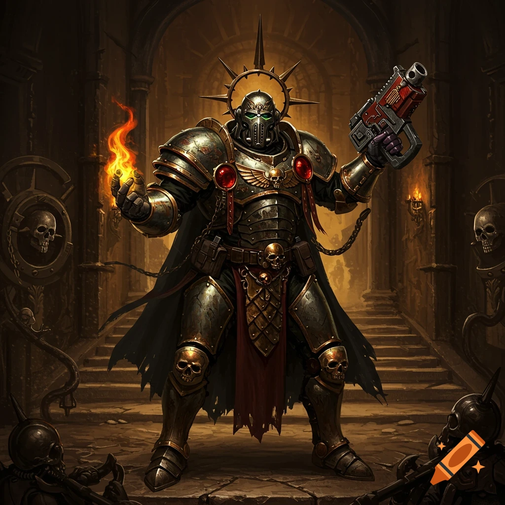 A heavily armored, imposing sci-fi knight holding a flaming orb and a gun in a dark, gothic chamber with skulls.