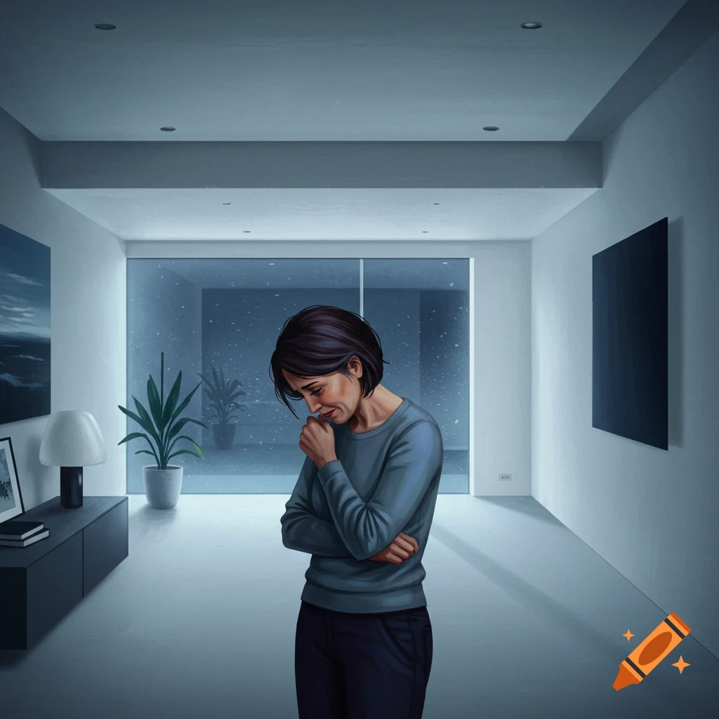 A woman with short dark hair stands in a modern, minimalist room, looking down with a sad expression as snow falls outside a large window.