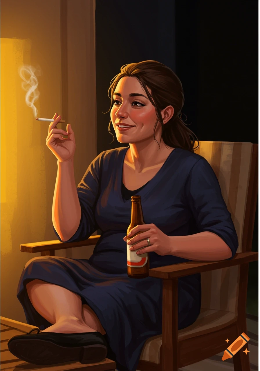 An illustrated portrait of a woman in a dark dress sitting in a chair, smoking a cigarette and holding a beer bottle, illuminated by warm light.