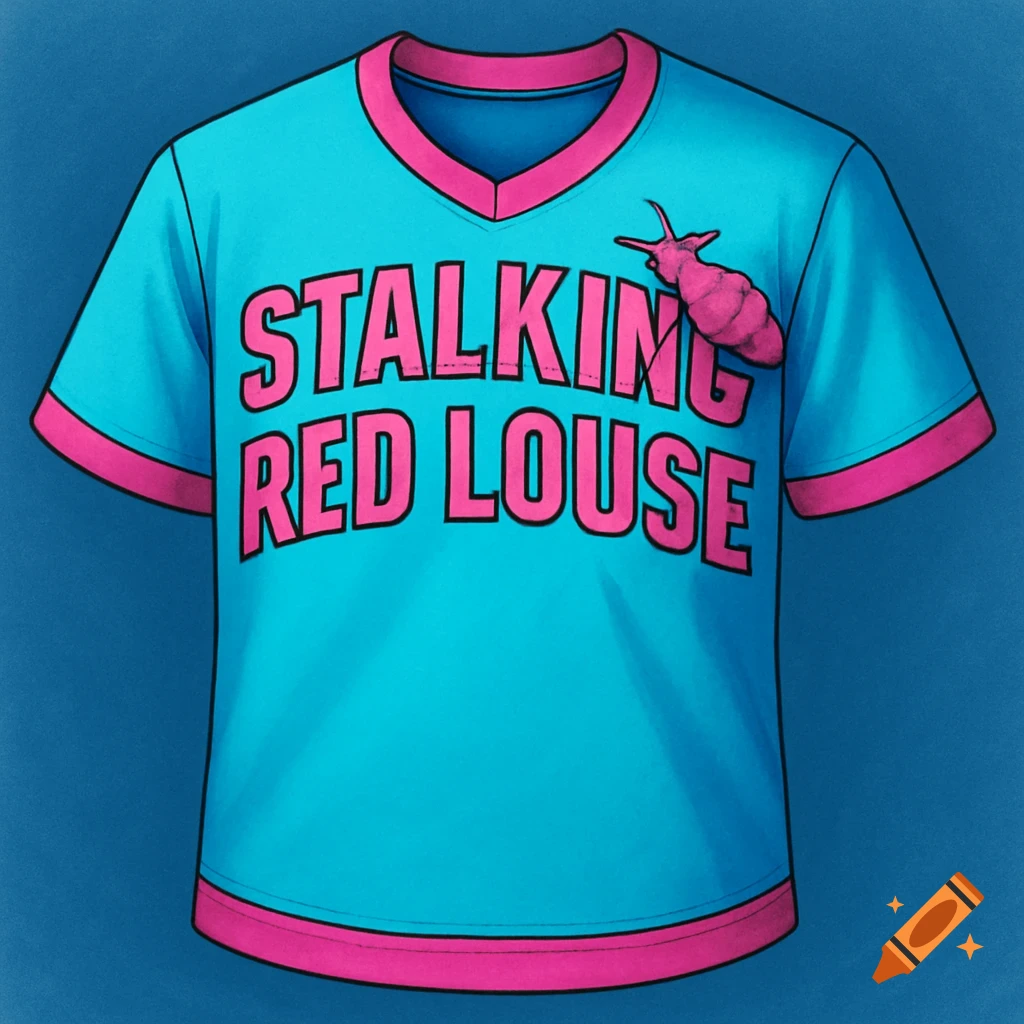 An illustrated teal jersey with pink trim features the text 'STALKING RED LOUSE' and a pink louse crawling on it.