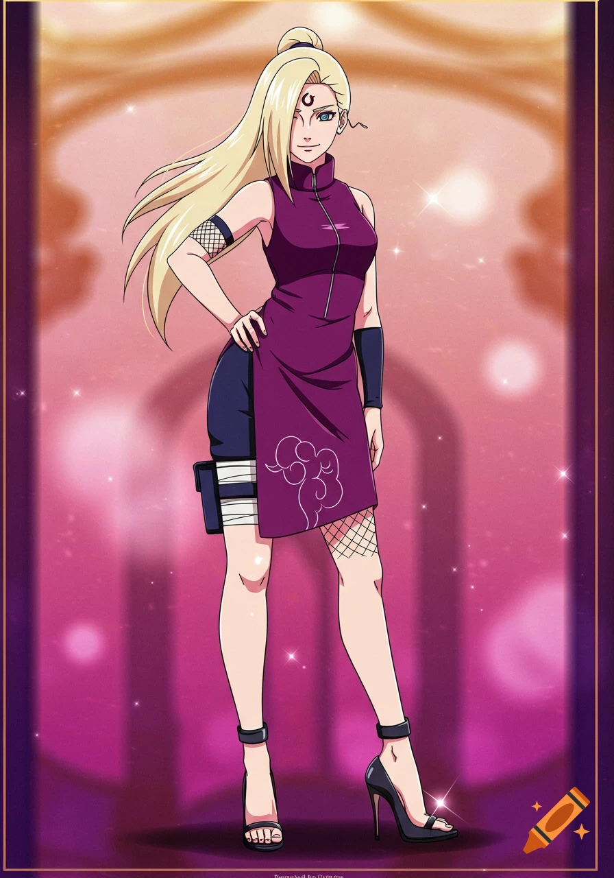 Full body anime illustration of Ino Yamanaka with long blonde hair, wearing a purple dress, black leggings, and high heels, standing against a pink and orange background.