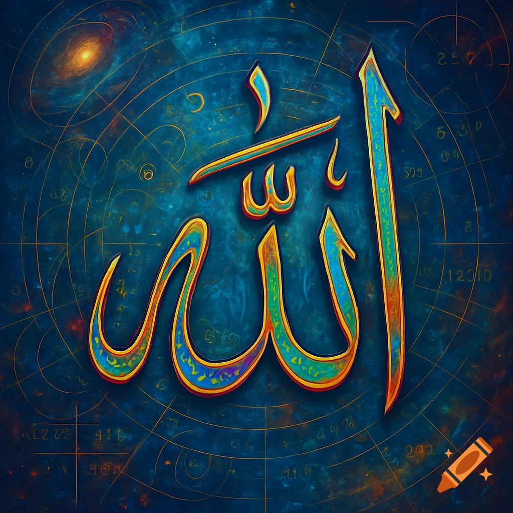 Vibrant gold and blue Arabic calligraphy for 'Allah' against a dark cosmic background with abstract lines and numbers.