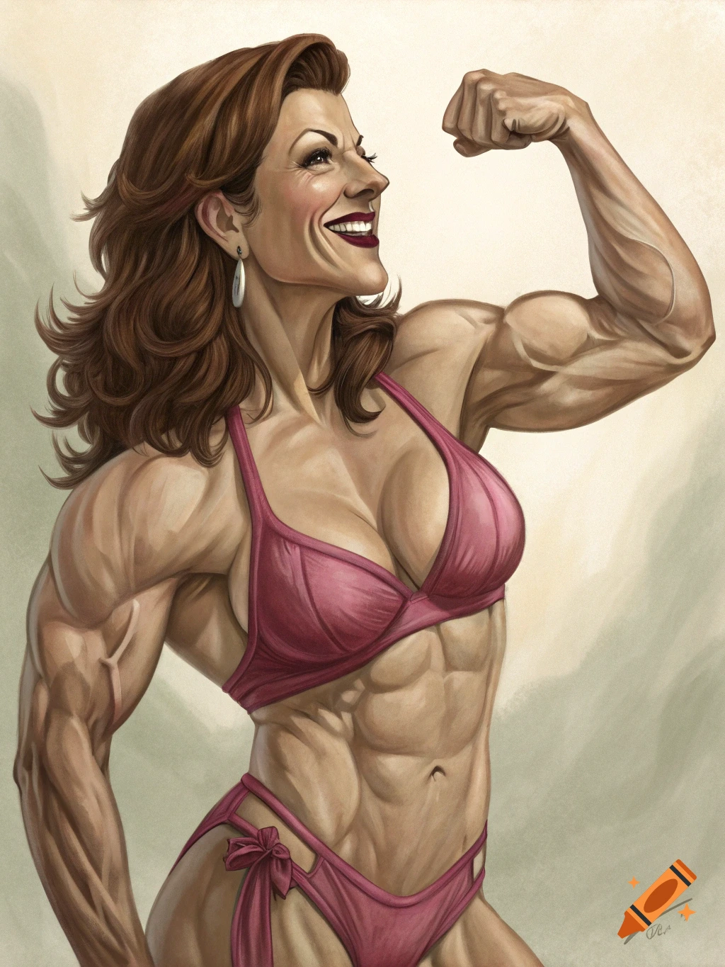 Illustration of a smiling, strong female bodybuilder with brown hair flexing her bicep in a pink bikini.