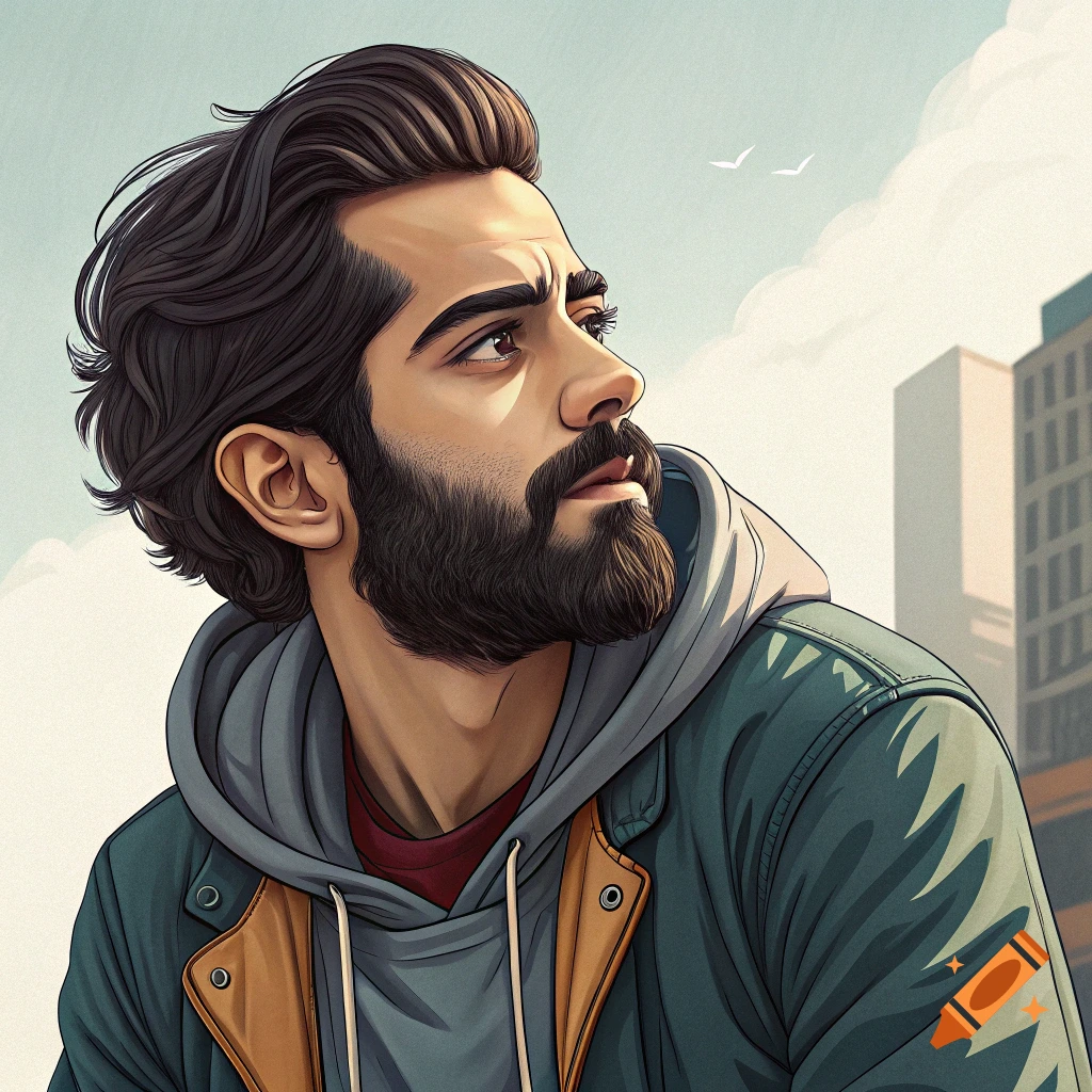 Stylized illustration of a bearded man with dark hair, looking up, against an urban background with buildings and sky.