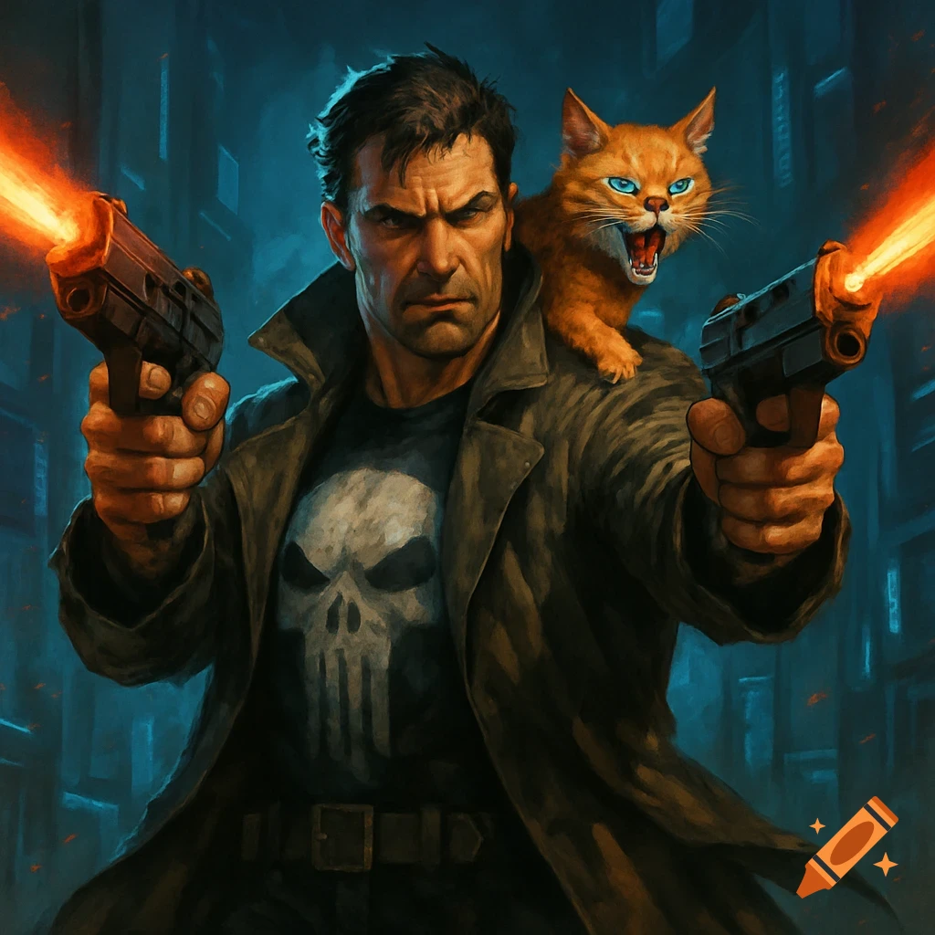 A man in a trench coat with a skull logo on his shirt fires two laser pistols, while a fierce ginger cat with blue eyes hisses from his shoulder. Digital art style.