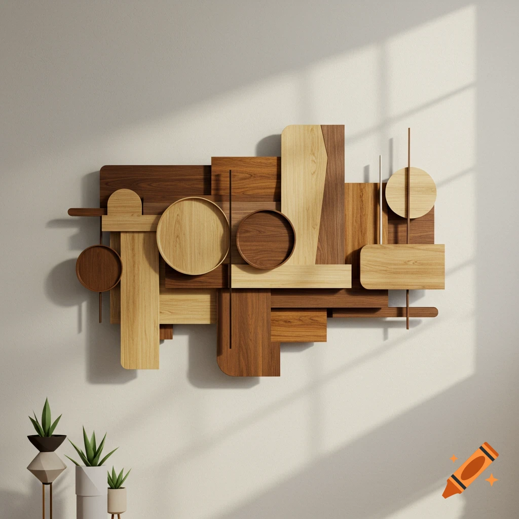 An abstract wall sculpture made of various light and dark wood shapes, including rectangles, circles, and rounded forms, casting shadows on a wall.