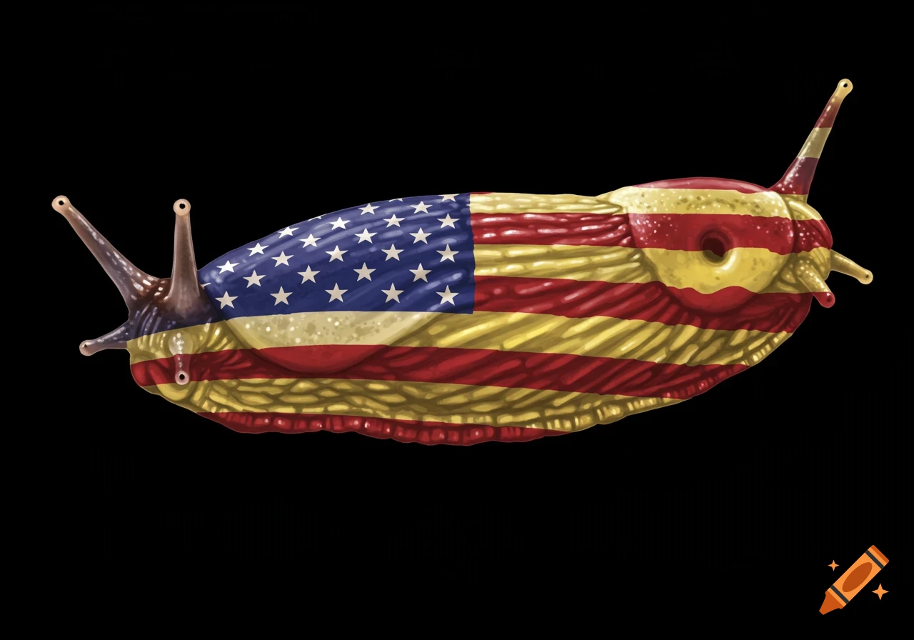 A banana slug with its body patterned like the American flag, against a black background.