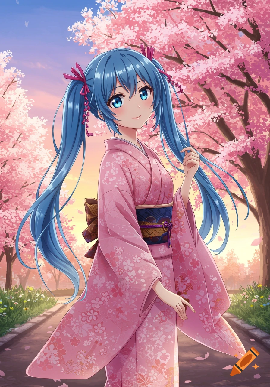 An anime girl with blue hair in a pink kimono stands among blossoming sakura trees.