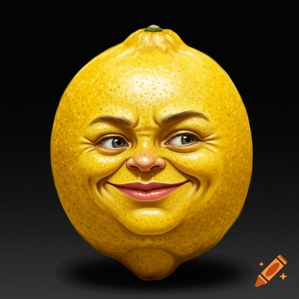 A vibrant yellow lemon with a realistic human face making a sour expression, on a dark background. Digital illustration.