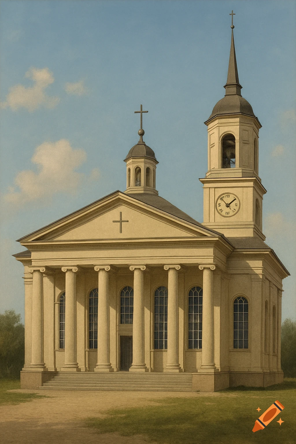 A large, pale yellow classical church with columns, arched windows, and two steeples, one with a clock tower, stands against a blue sky.