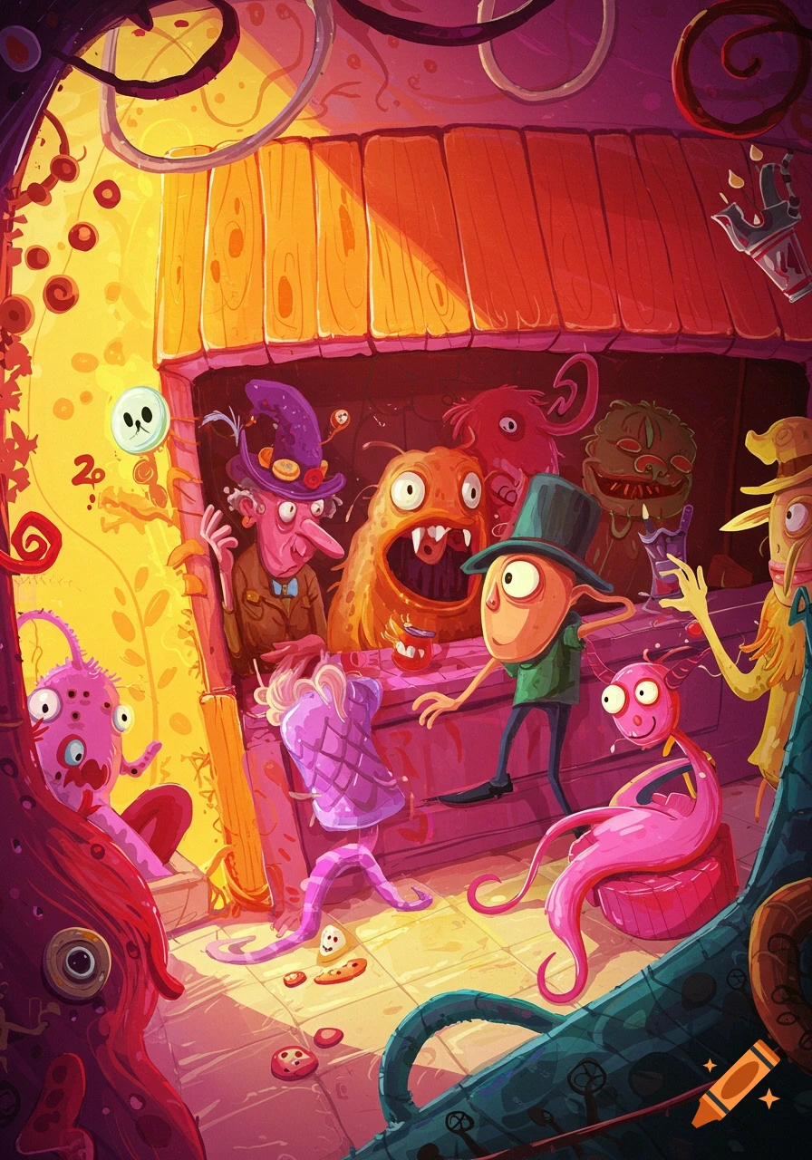 A whimsical cartoon illustration depicts various colorful, stylized monsters and human-like characters interacting in a cluttered, fantastical room with warm lighting.