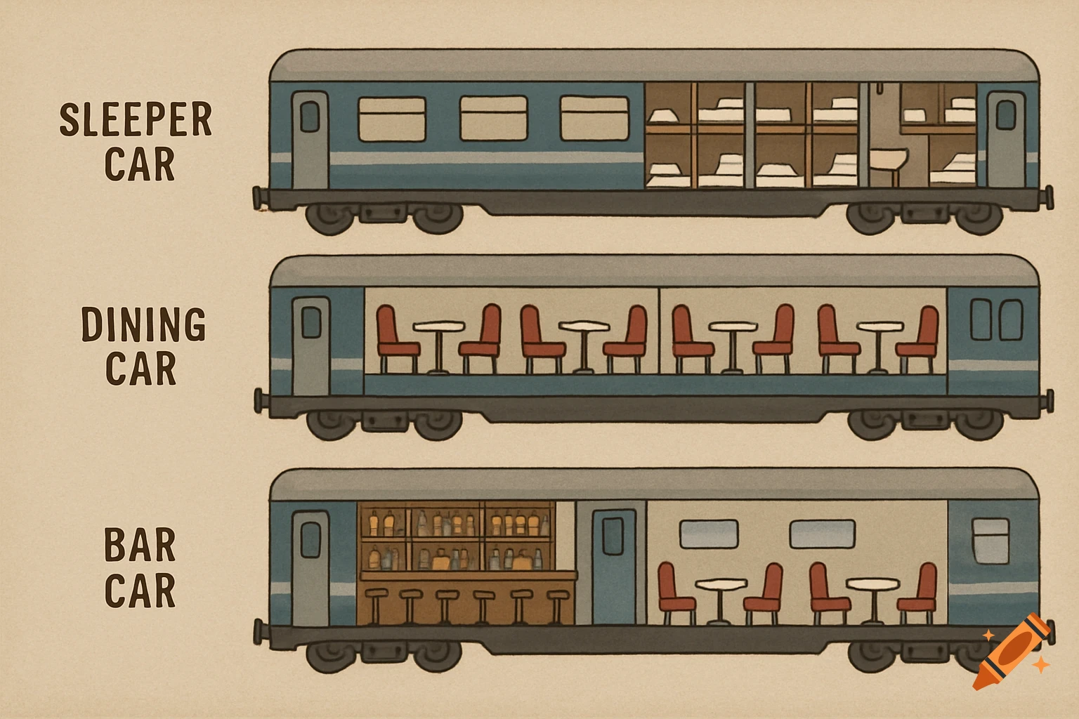 Illustrated layout of three train cars: a sleeper car, a dining car, and a bar car, each labeled.