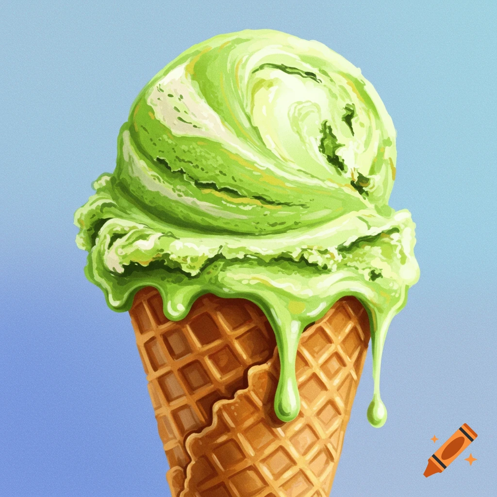 A vibrant scoop of green ice cream melting down a waffle cone against a light blue background.