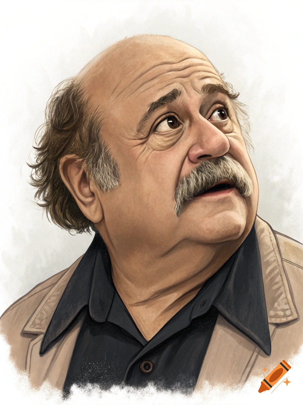 A colorful caricature of a man resembling Danny DeVito with a prominent mustache, looking up to the right.