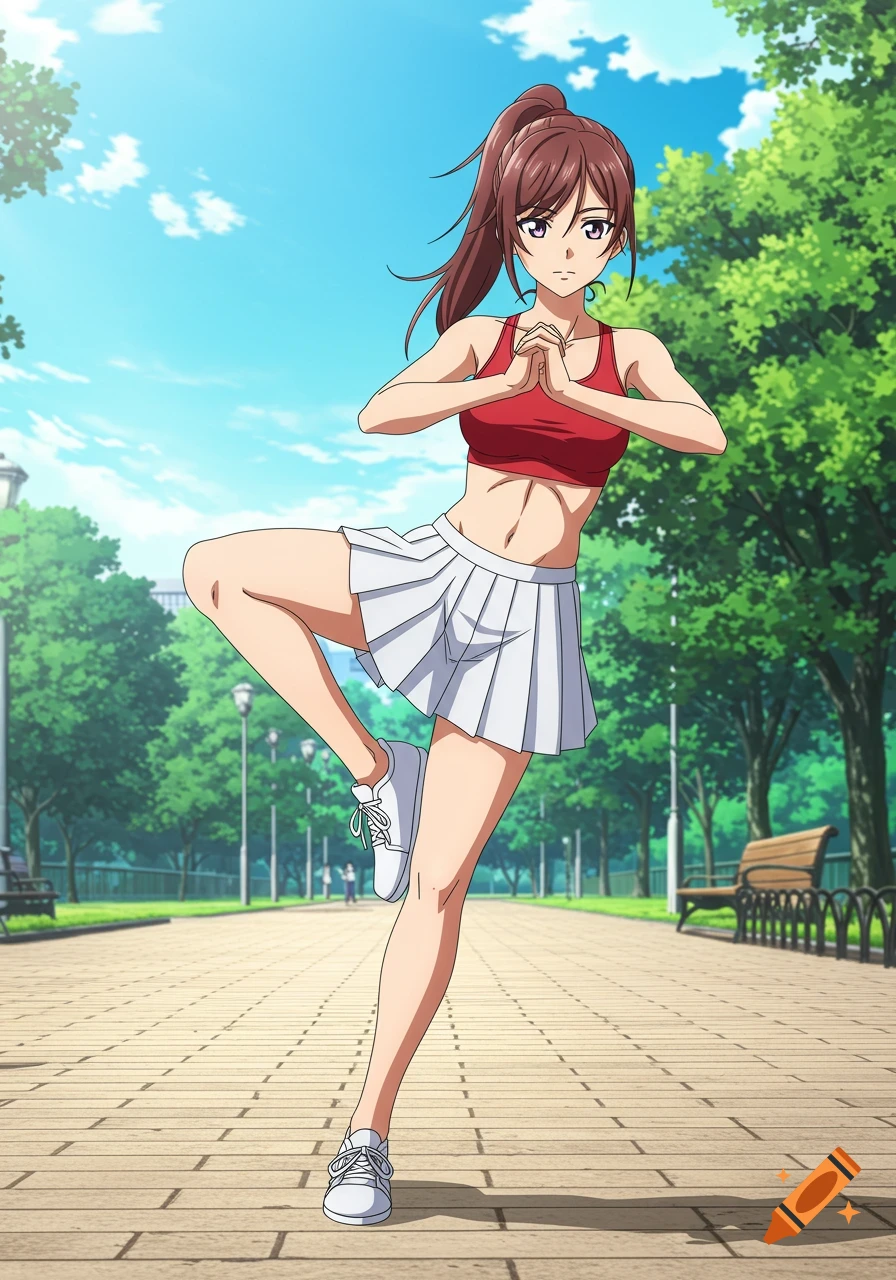 Anime girl in red sports bra and white skirt doing a dragon pistol squat in a sunny park.
