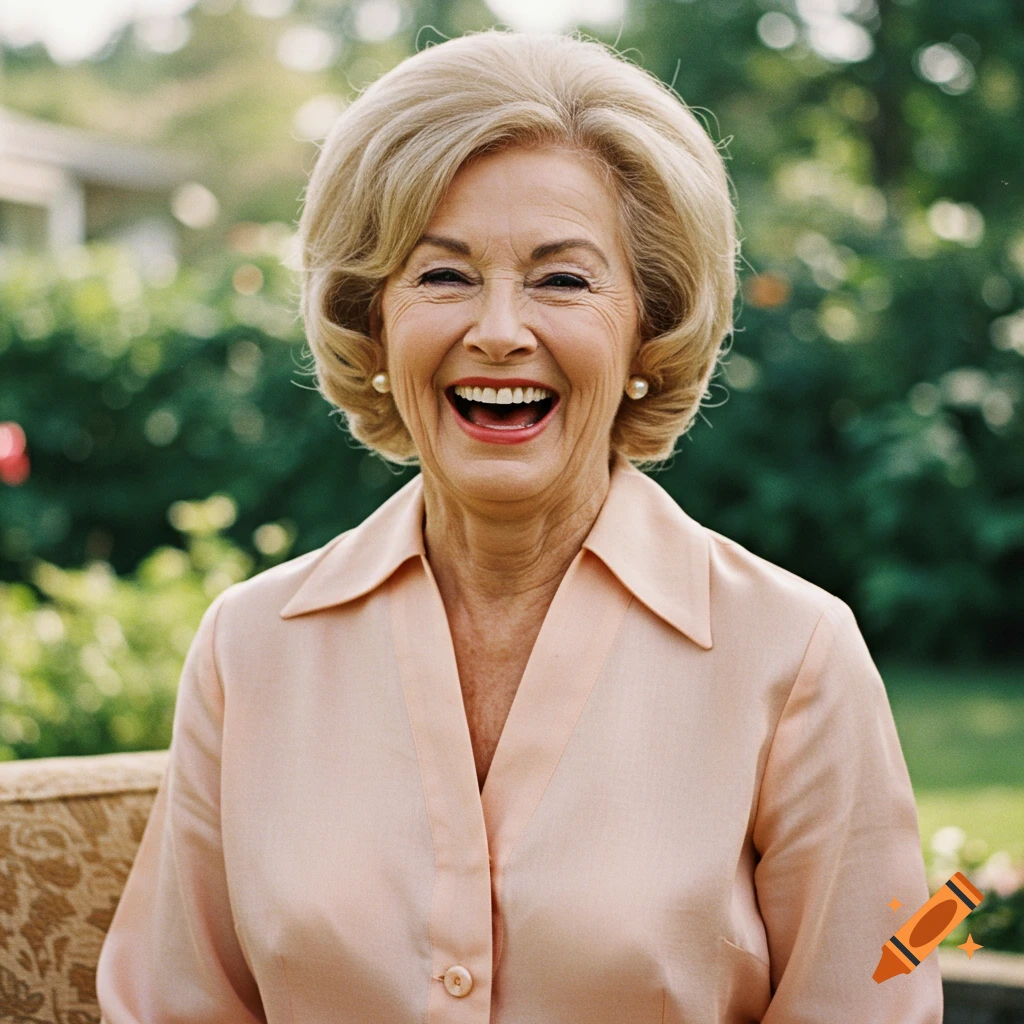 A senior woman with blonde hair, wearing a peach silk blouse, laughs joyfully, seated outdoors in a garden setting.