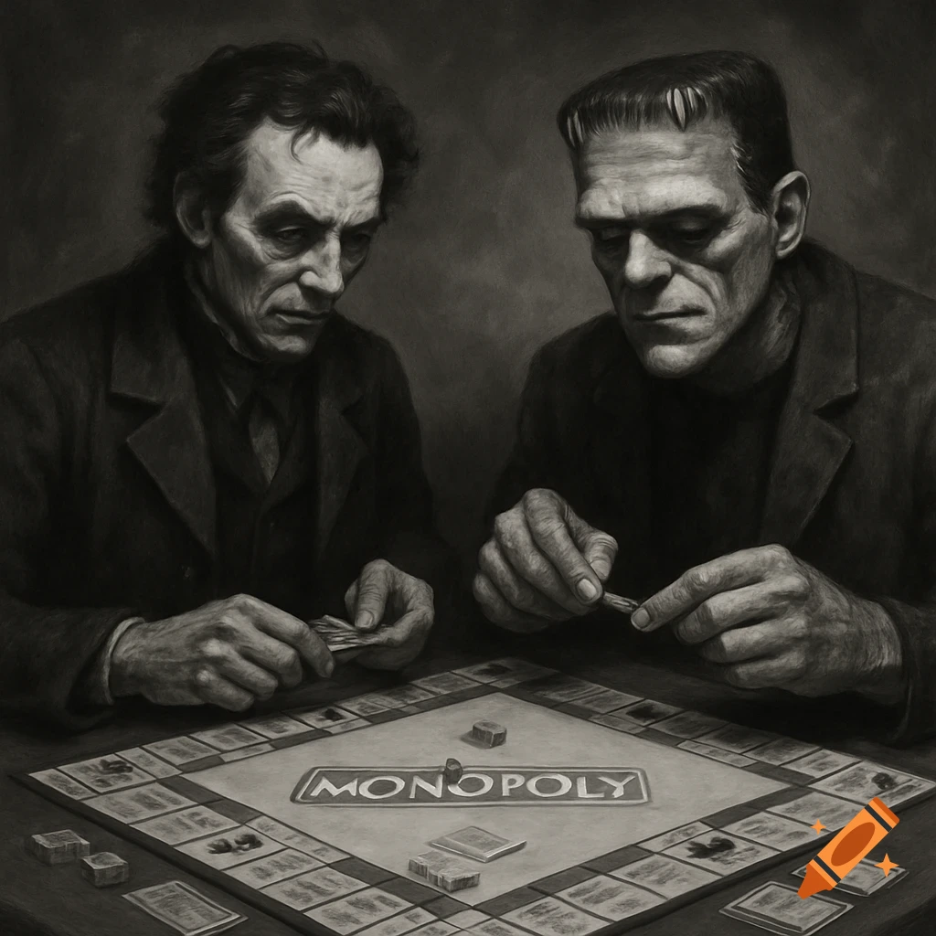 Black and white artwork of Dr. Victor Frankenstein and The Monster playing Monopoly, looking down at the game board.
