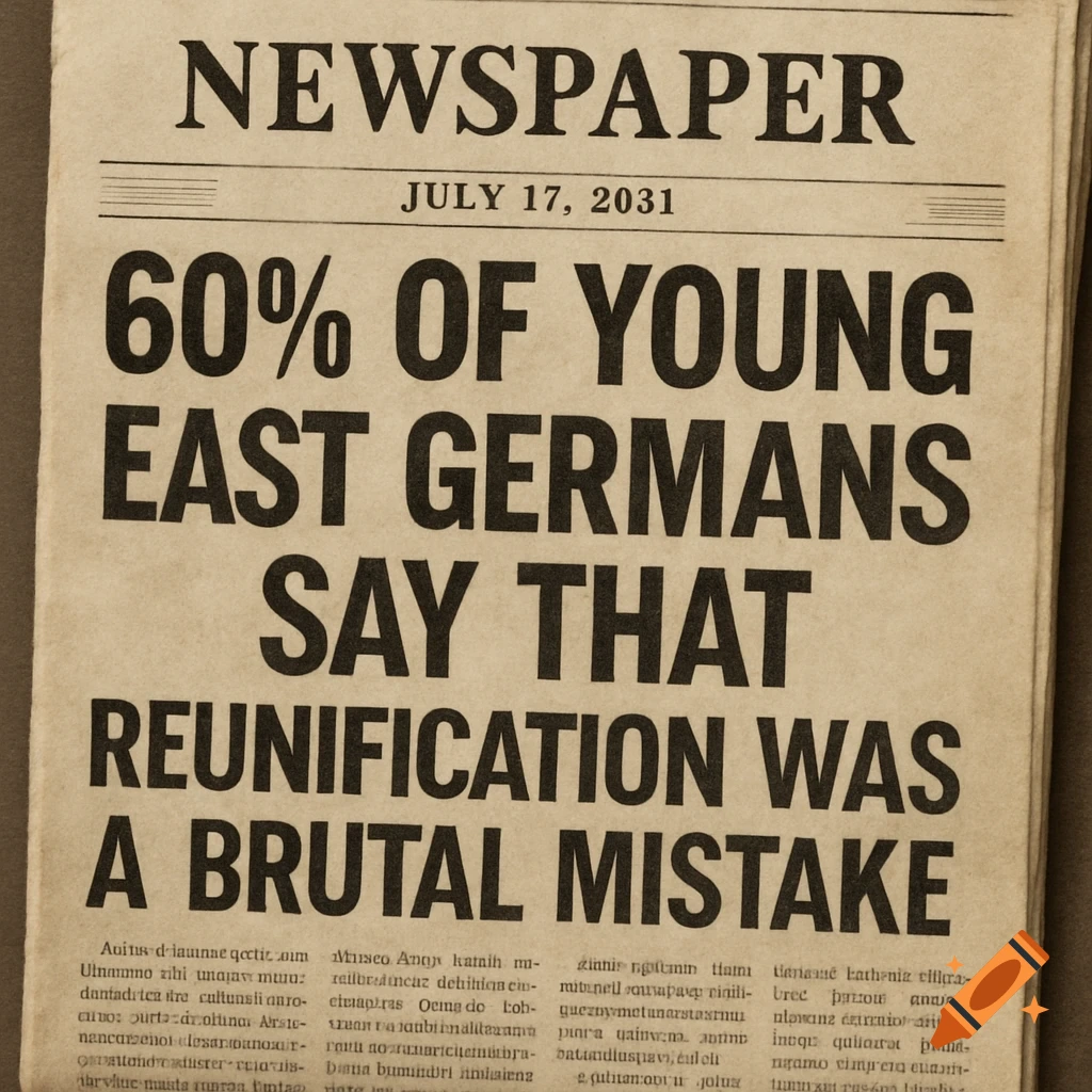 A close-up of an old newspaper with the headline '60% of young East Germans say that reunification was a brutal mistake' and date July 17, 2031.