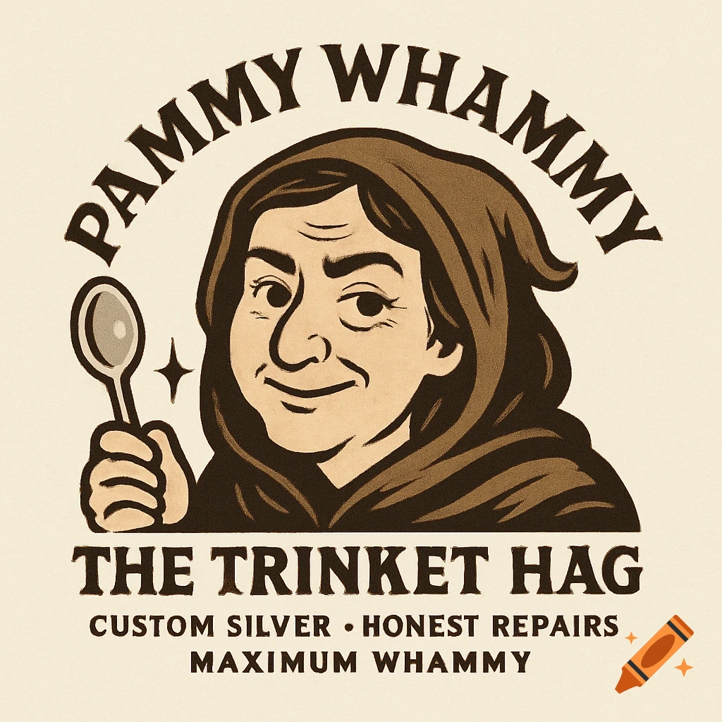 A vintage-style logo of a hooded hag holding a spoon, with text 'Pammy Whammy The Trinket Hag' and 'Custom Silver Honest Repairs Maximum Whammy'.