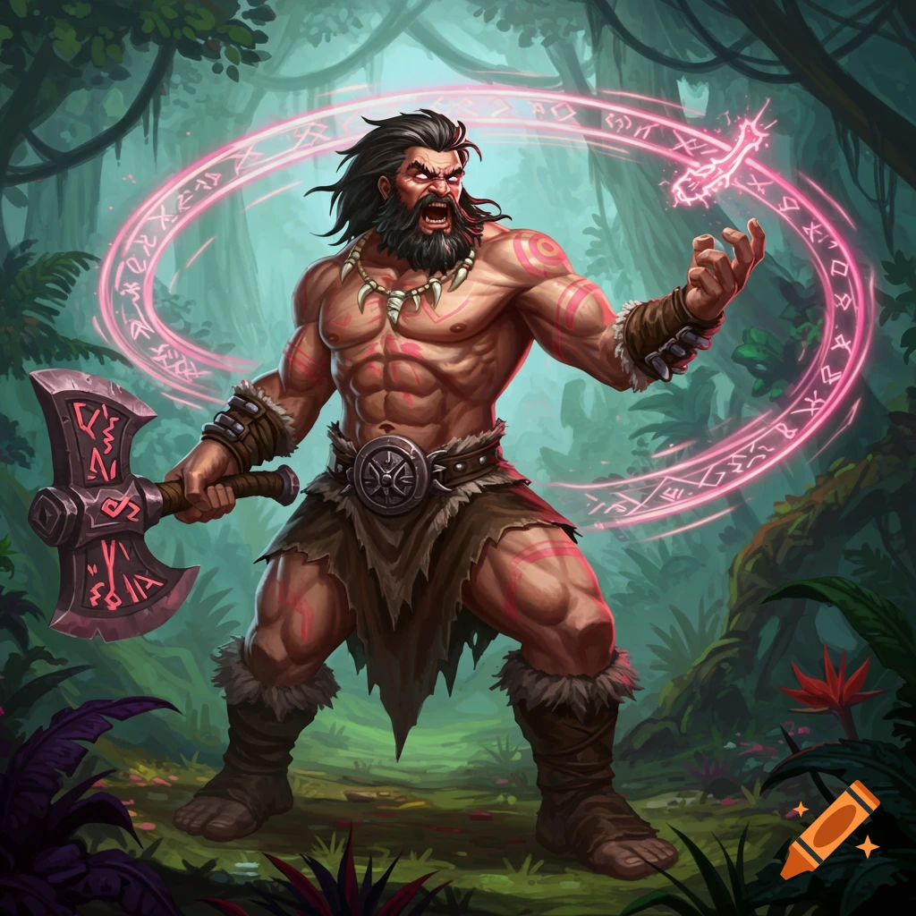 A muscular barbarian with a beard and tattoos holds an axe and conjures pink glowing runes in a jungle.