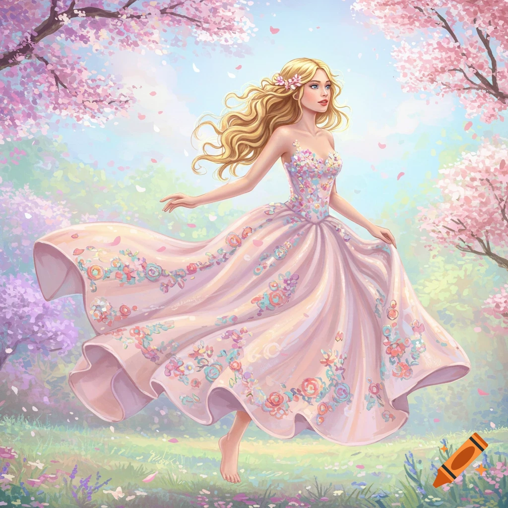 A whimsical illustration of a blonde woman in a flowing pink floral dress, standing in a spring field with cherry blossoms.
