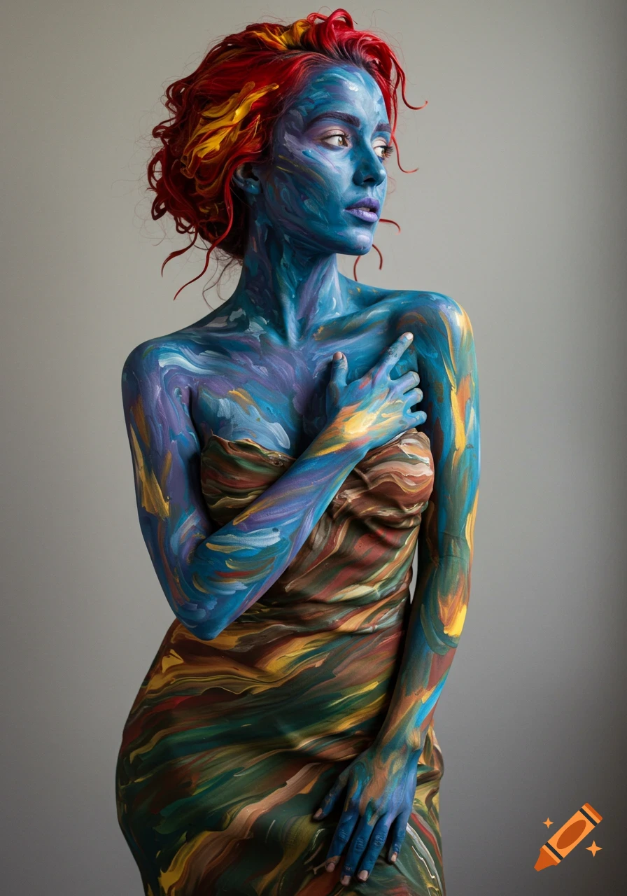 A woman covered in vibrant blue, purple, and yellow body paint with red and yellow hair, looking to the side in a studio portrait.