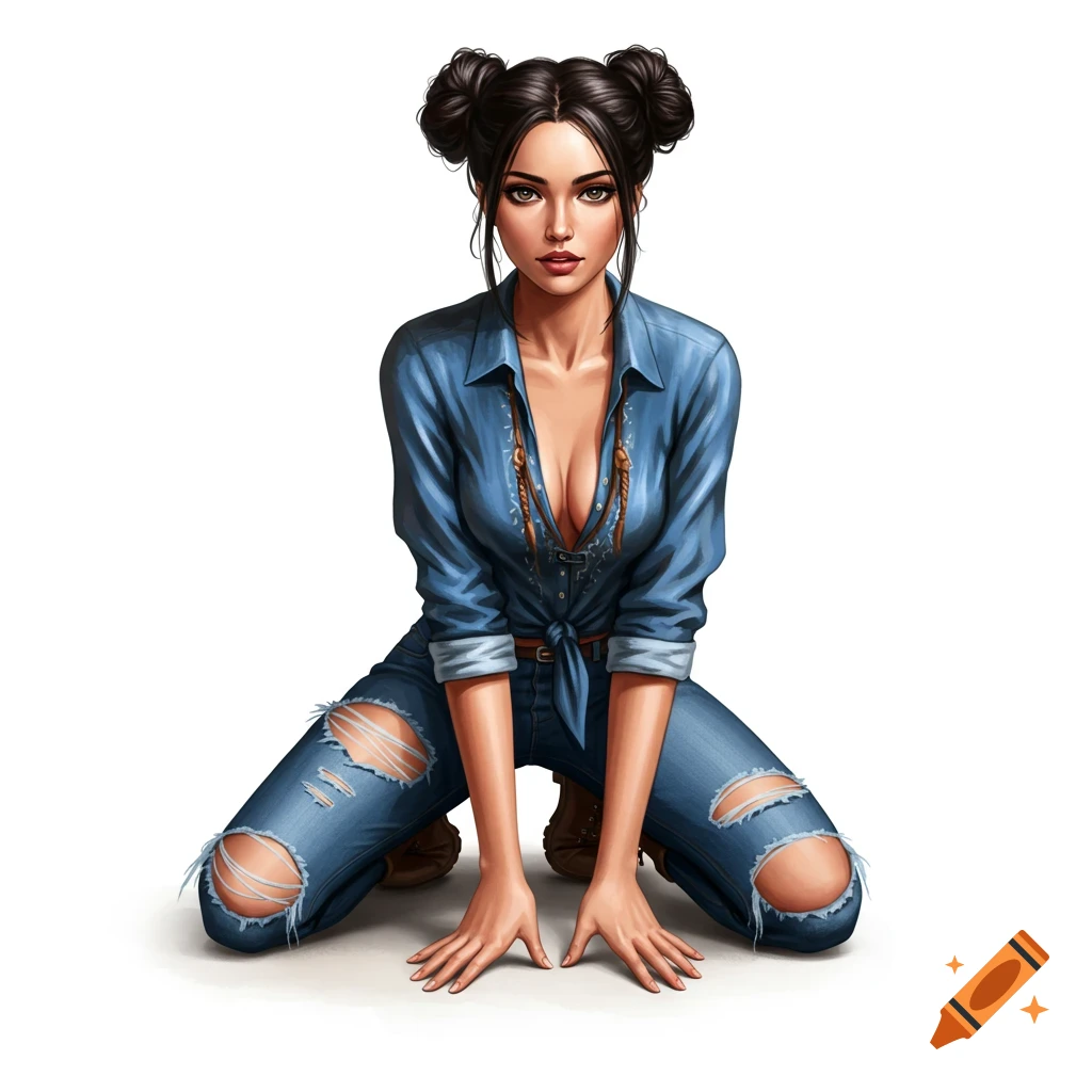 A digital art portrait of a woman with dark hair in double buns, kneeling in a denim shirt and ripped jeans.