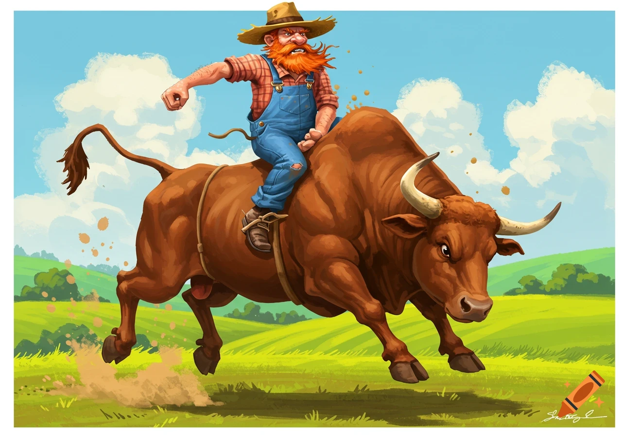 A cartoon farmer with a red beard rides a bucking brown bull in a green field under a blue sky, in a vibrant illustration style.