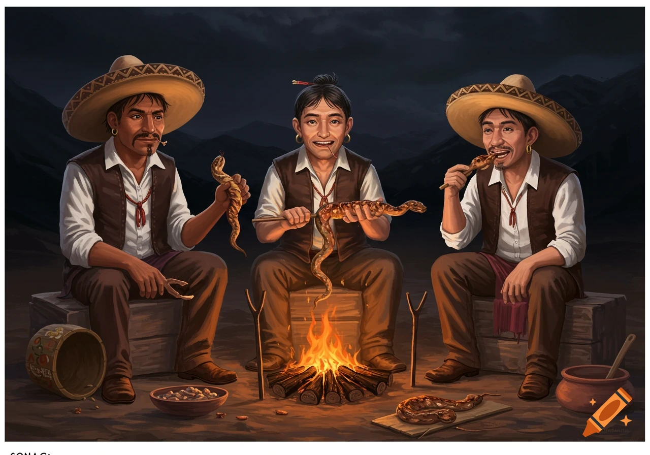 Three men in traditional attire sit around a campfire at night, cooking and eating roasted snakes.