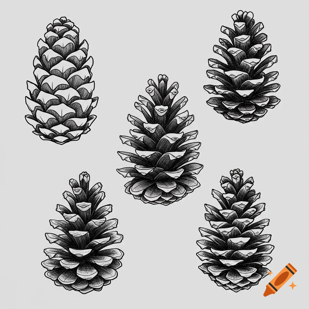 Five black and white stylized pinecone illustrations on a light background.