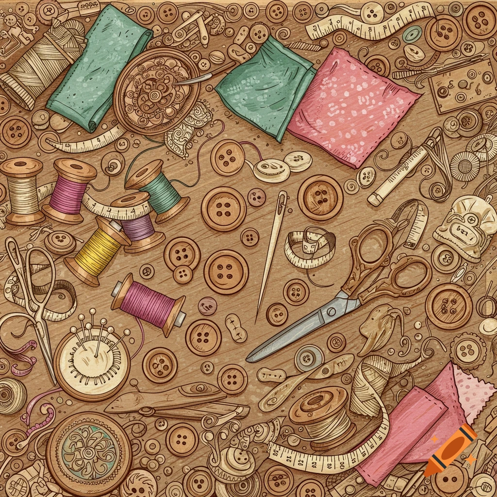 An overhead illustration of various sewing supplies like spools of thread, buttons, scissors, needles, and fabric on a wooden background.