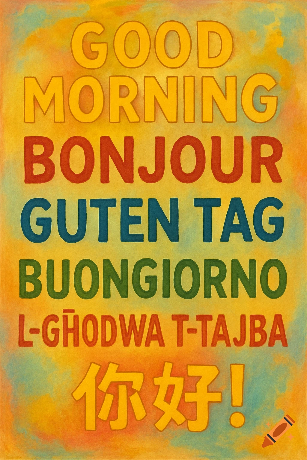 A colorful poster with 'Good Morning' translated into English, French, German, Italian, Maltese, and Chinese.
