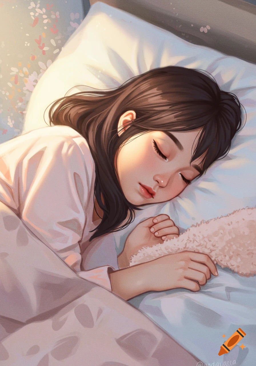 Illustrated digital art of a girl sleeping peacefully on her side in a bed, bathed in soft light.
