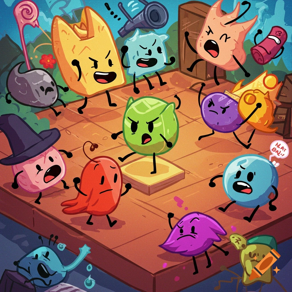 A cartoon image of colorful, anthropomorphic objects with limbs and faces, including a fortune cookie, cabbage, and wizard hat, reacting on a wooden platform.
