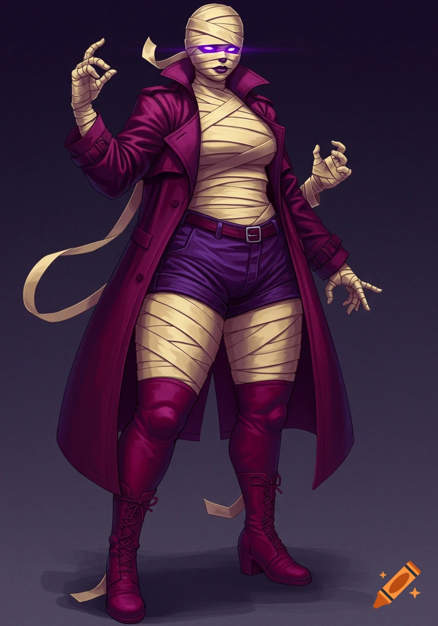 A stylized illustration of a female mummy with glowing violet eyes, wearing a dark red trench coat, purple shorts, and red boots.