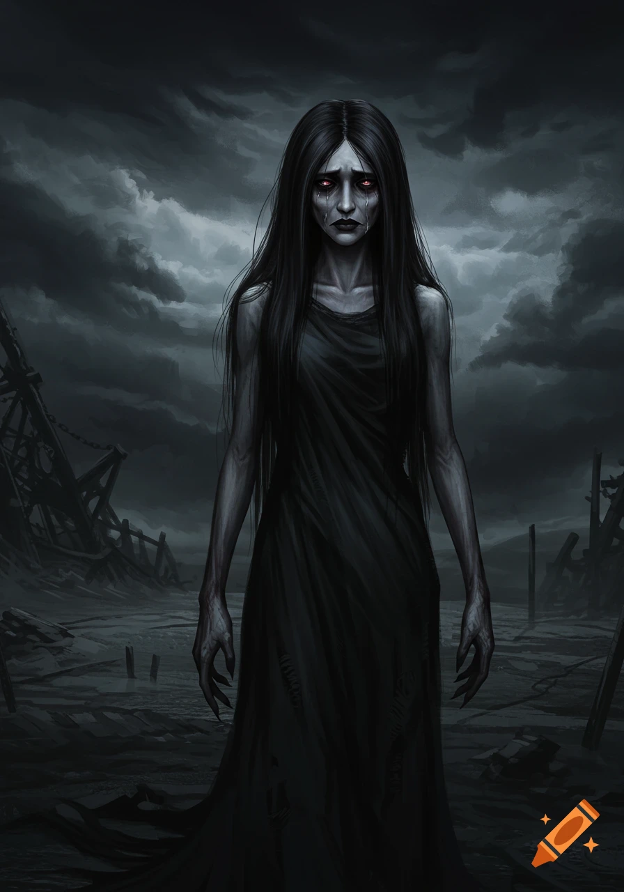 A gaunt woman with long dark hair, red eyes, and blood tears stands in a desolate, dark landscape under a stormy sky.