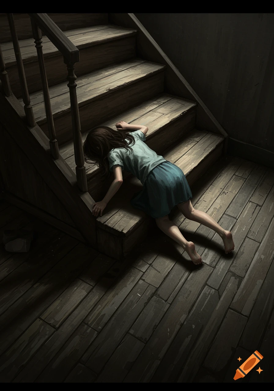 A girl lies prone on wooden stairs, appearing to have fallen, in a dark digital painting.