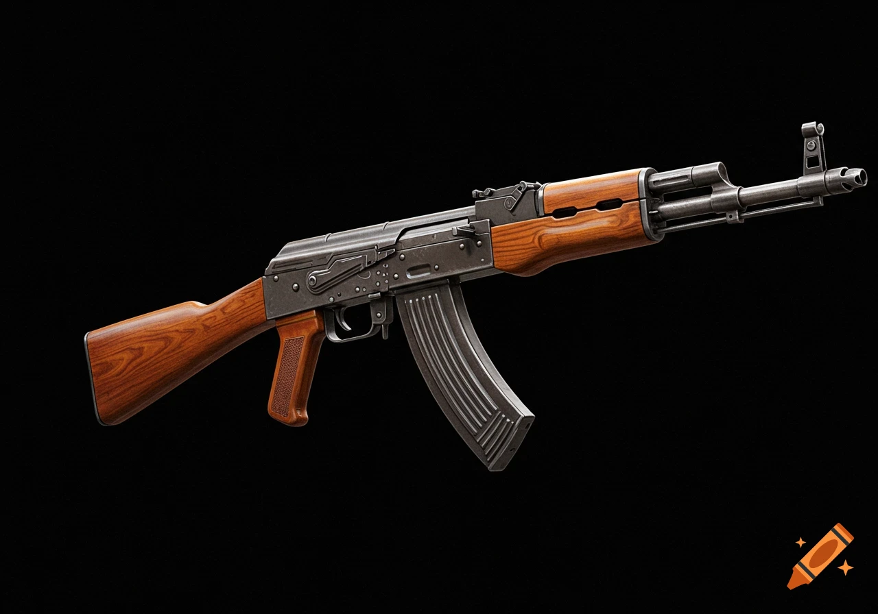A photorealistic depiction of an AK-47 assault rifle with a wooden stock and dark metal components against a black background.