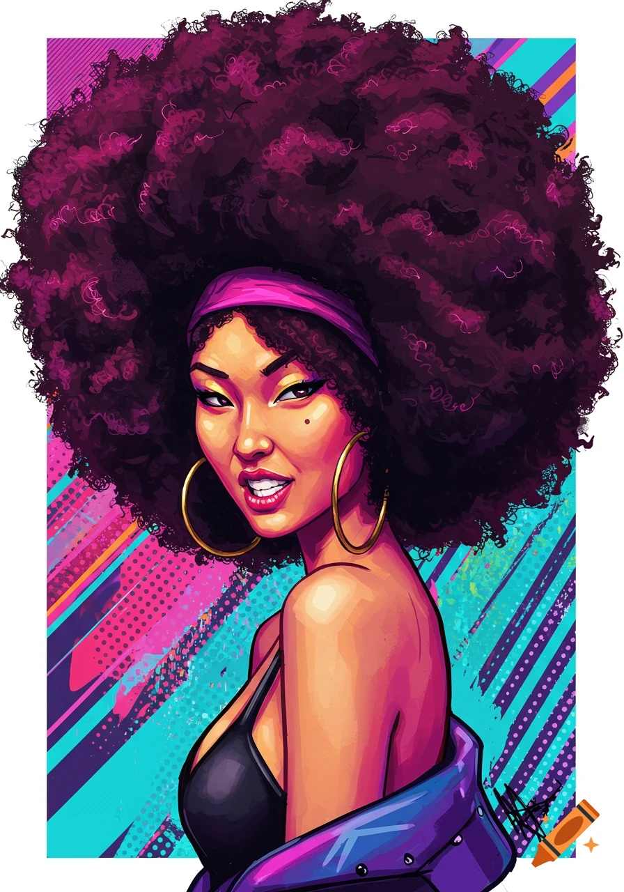 Vibrant pop art illustration of an Afro-Asian woman with a large purple afro and hoop earrings, looking over her shoulder.