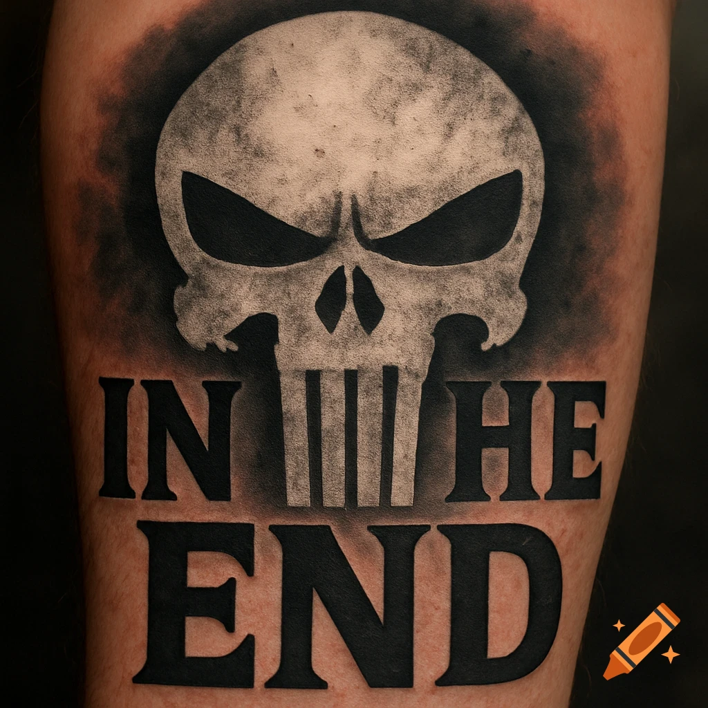 A black and white forearm tattoo featuring the Punisher skull above the block letters 'IN THE END'.
