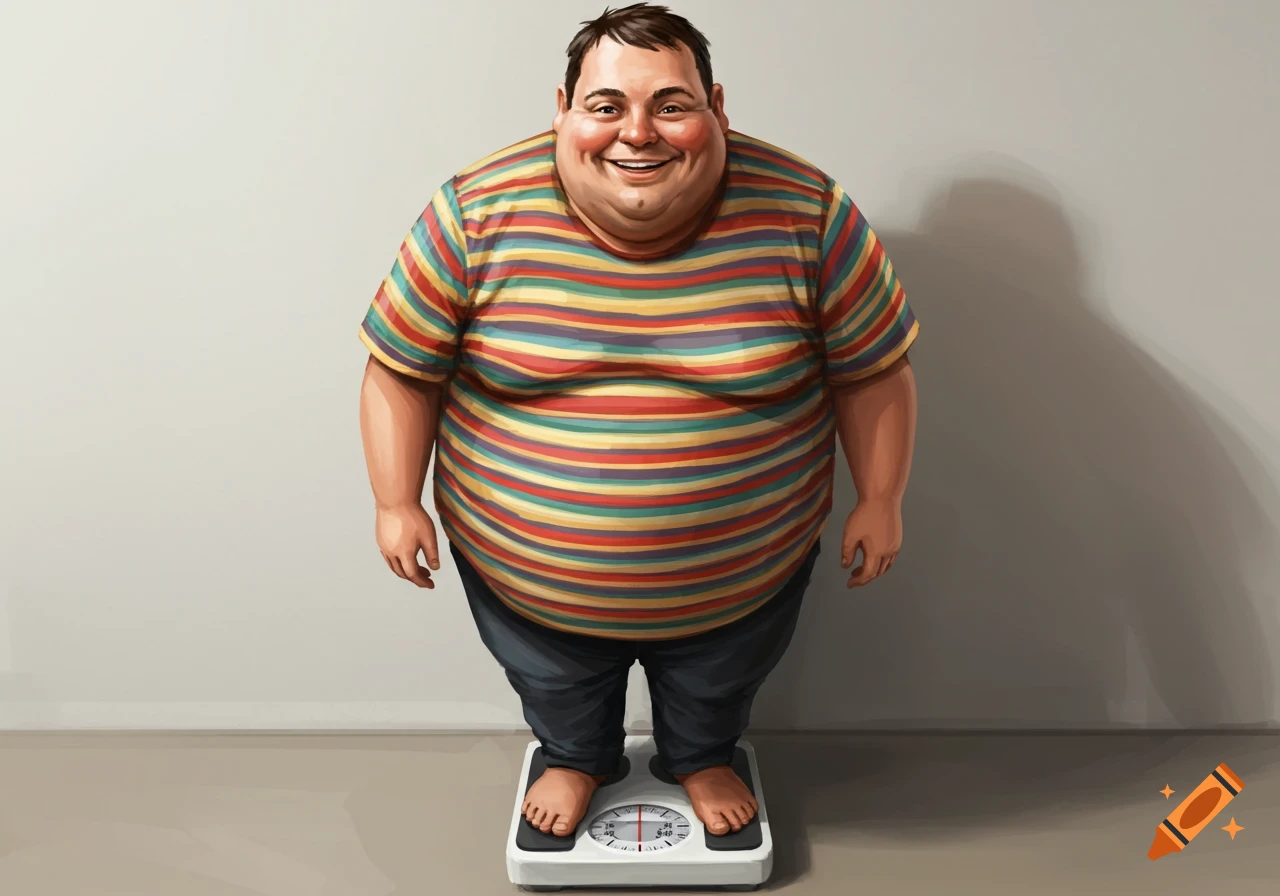 An illustrated, smiling, overweight man in a striped shirt stands on a weight scale, facing the camera.